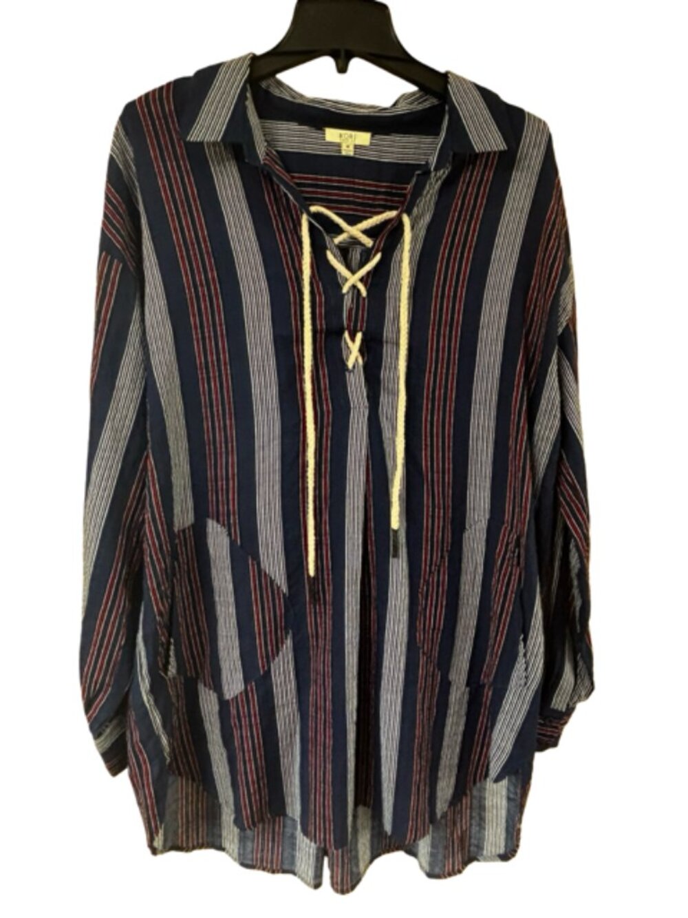 Kori America Blouse Womens Medium Blue Striped Tunic Lace Up Top Pockets Boho